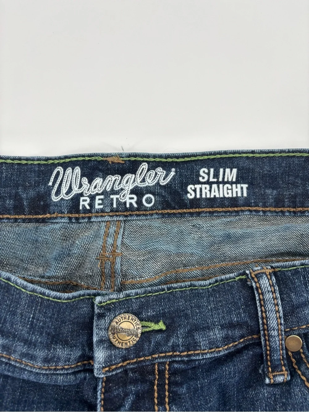 Wrangler retro slim straight Jeans Men 38x34 Blue Denim Stretch WLT88BZ Whiskere